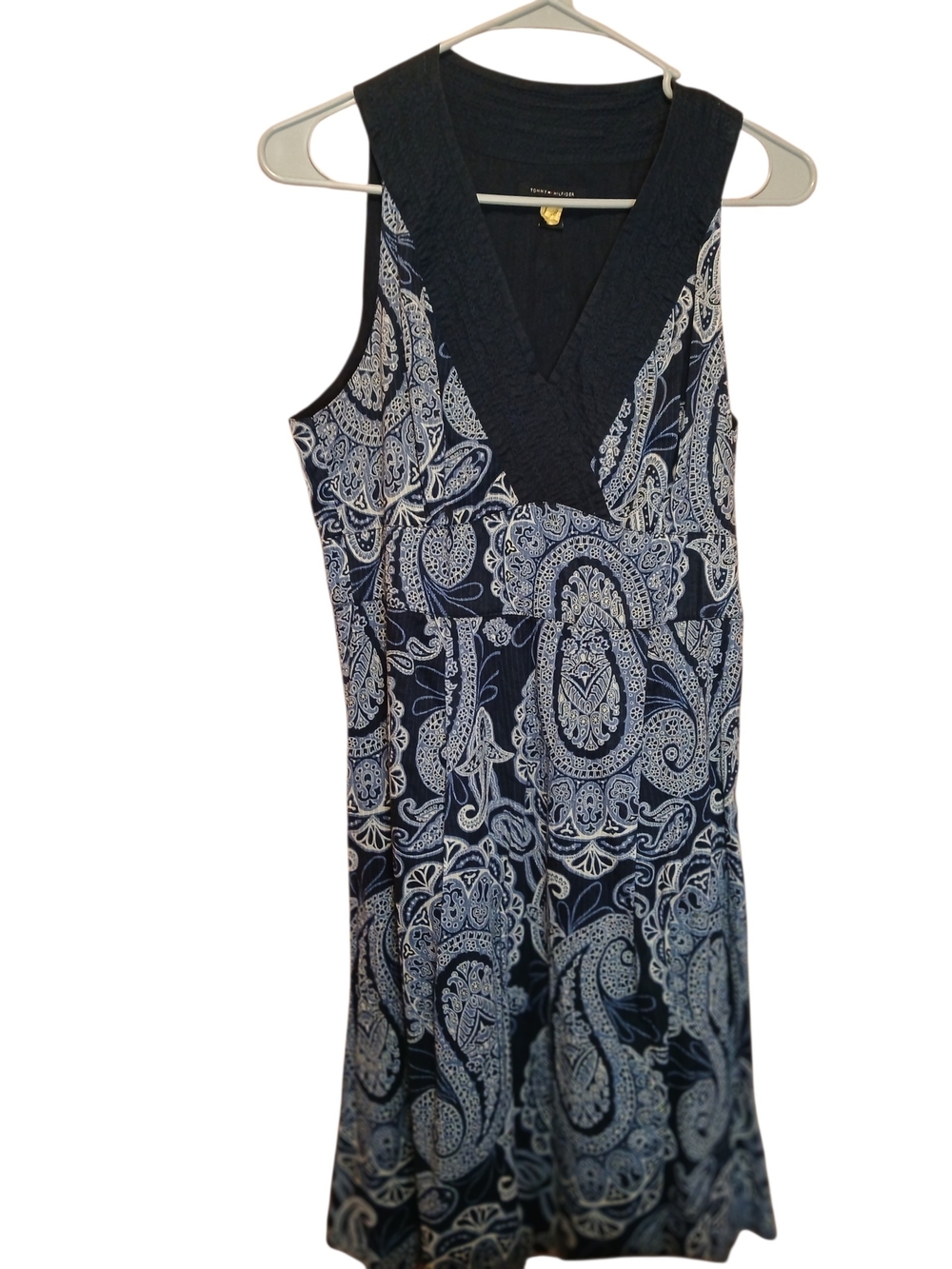 Tommy Hilfiger Navy and Light Blue Paisley V-Neck Dress